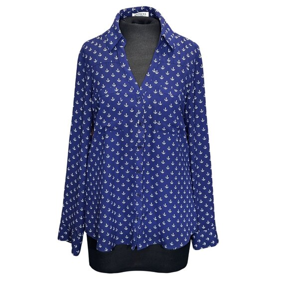 Express Portofino Shirt Anchor Print Womens Button-Up Blouse Size M Polyester - Picture 1 of 9